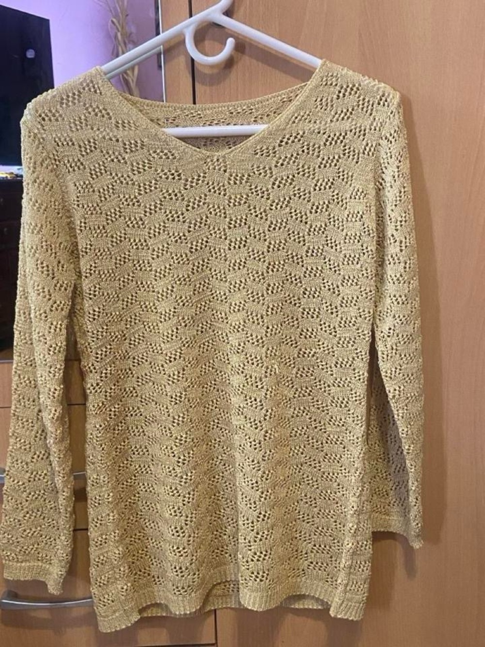 Light Yellow Open-Knit V-Neck Women's Sweater